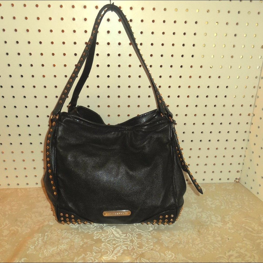 BURBERRY BRASS STUDDED BLK LEATHER SATCHEL HANDBAG